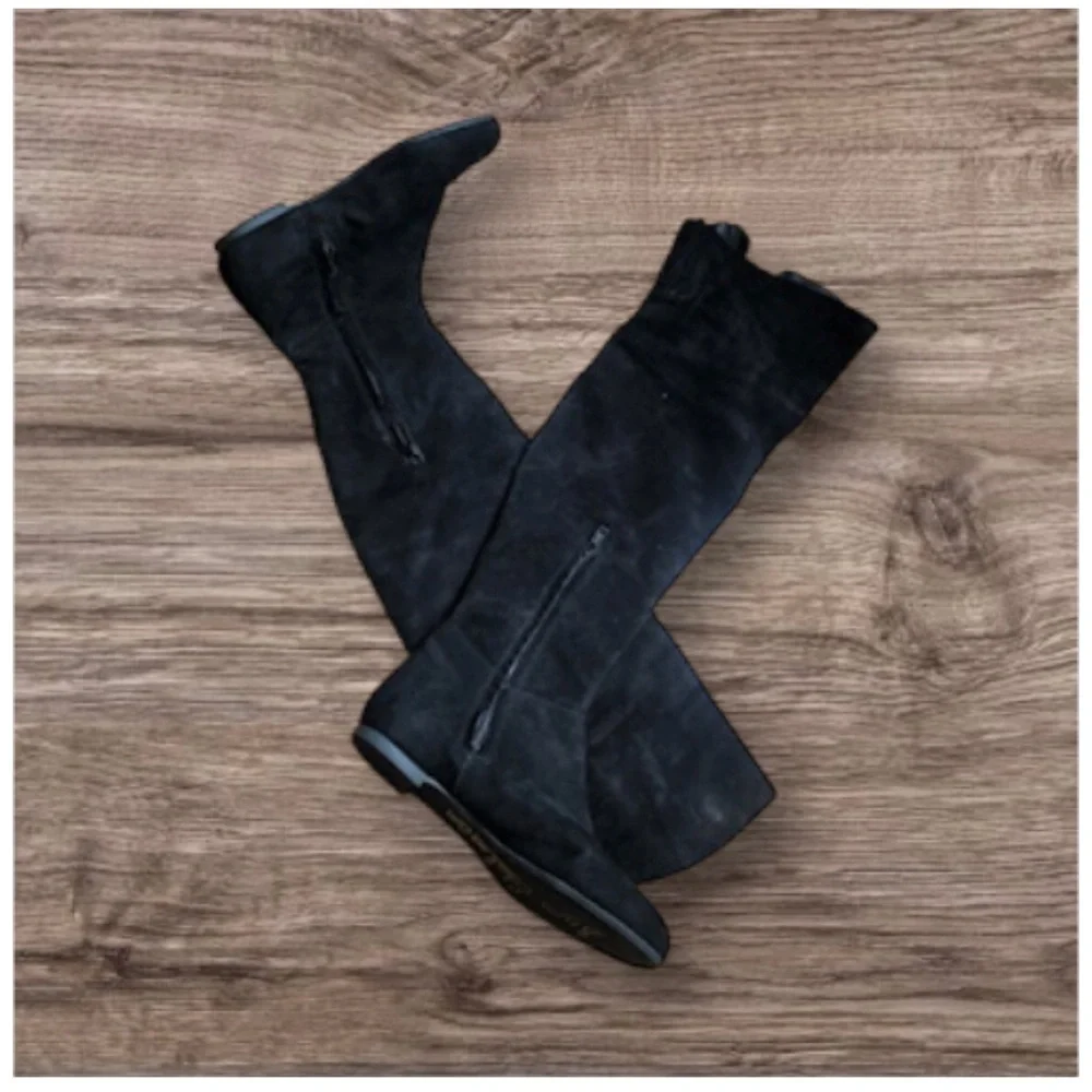 Sam Edelman Women’s Flat Black Over-the-Knee Suede Boots with Half Zipper 7.5